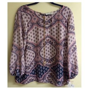 NWT Lily Black Medallion Print Blouse Top w/ Necklace S M XL